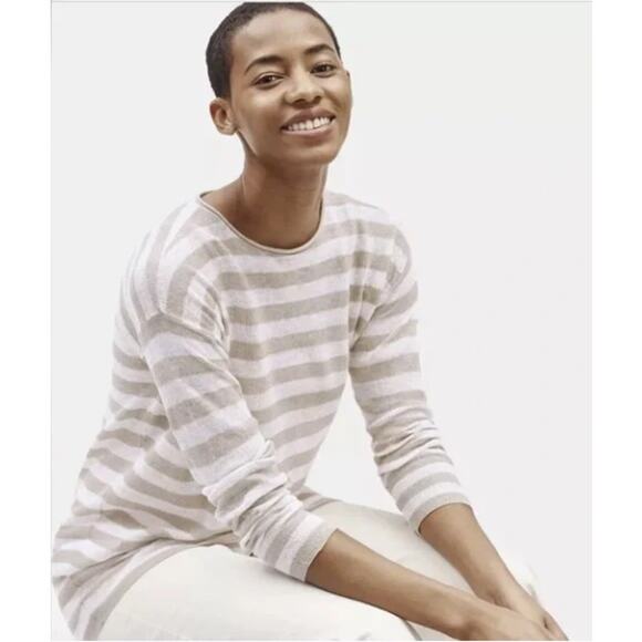 Eileen Fisher Organic Linen and Cotton Sweater Tan White Stripe XL - Picture 1 of 6